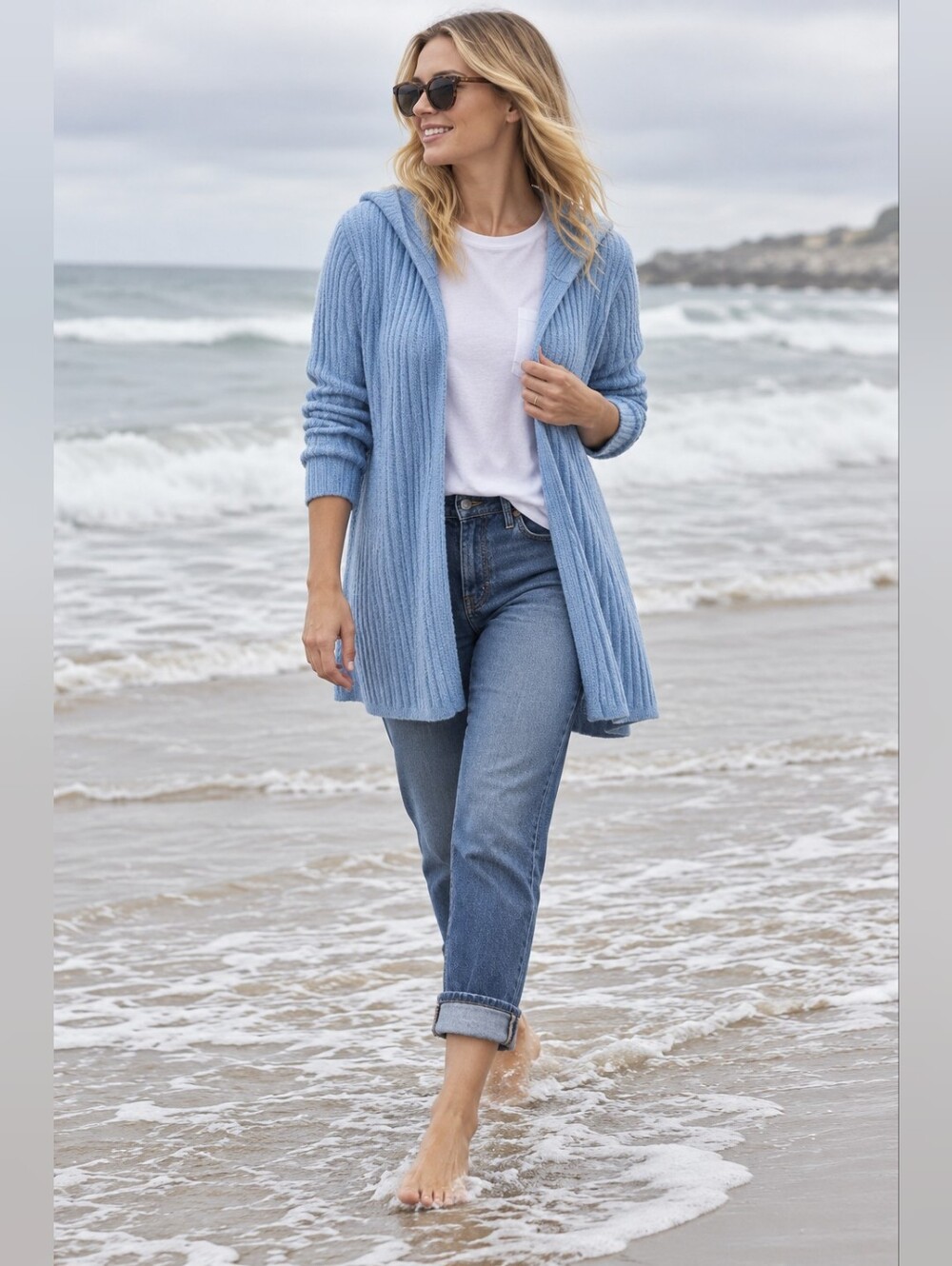 Barefoot Dreams CozyChic Ultra Lite Hooded Longline Cardigan Coastal Women's L